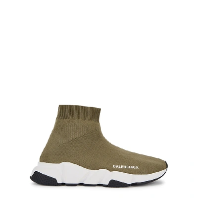 Balenciaga Speed Olive Stretch-knit Sneakers In Khaki