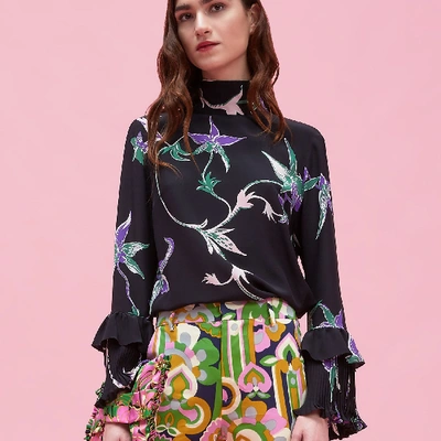La Doublej Frill Wrist Printed Silk Top In Black