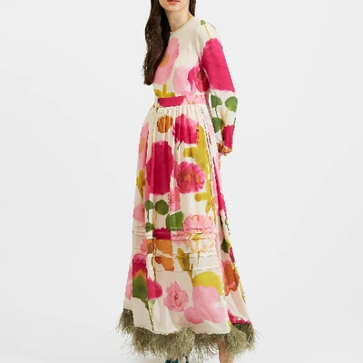 La Doublej Pemberley Feather-trimmed Floral-print Silk Gown In Pink
