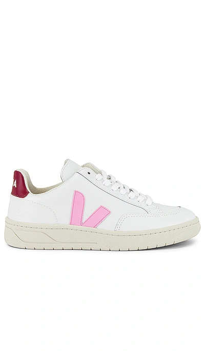 Veja Net Sustain V-12 Leather Trainers In White,pink,red