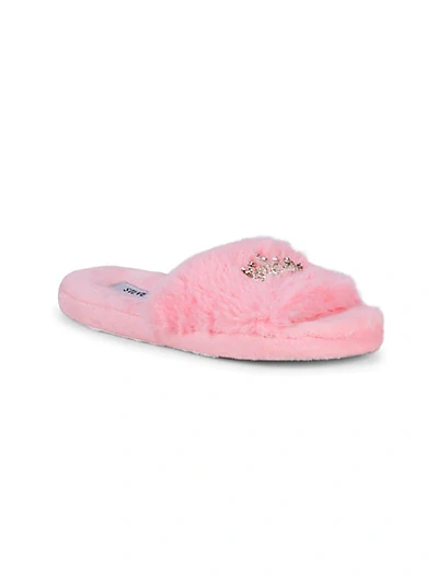 Steve Madden Girl's Embellished Crown Faux Fur Slippers In Pink