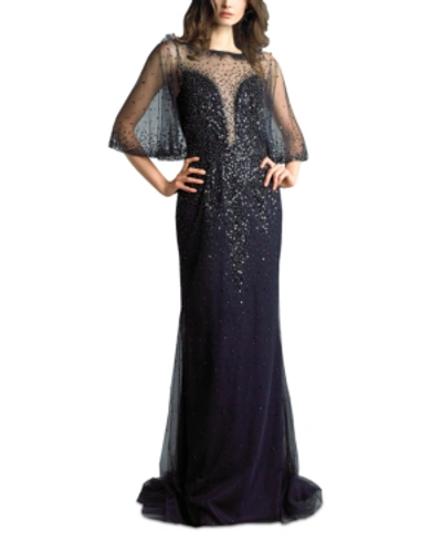 Basix Black Label Embellished Illusion Gown In Navy Blue