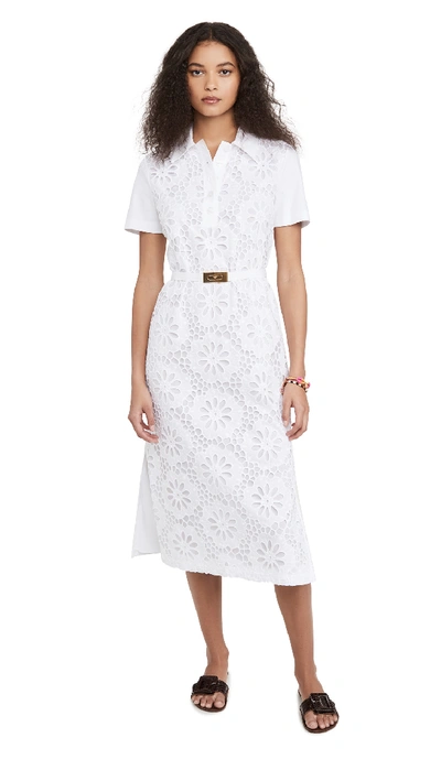 Tory Burch Lace Front Short-sleeve Poplin Polo Dress In White