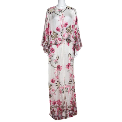 Pre-owned Roberto Cavalli Pink & White Floral Print Silk Maxi Dress M