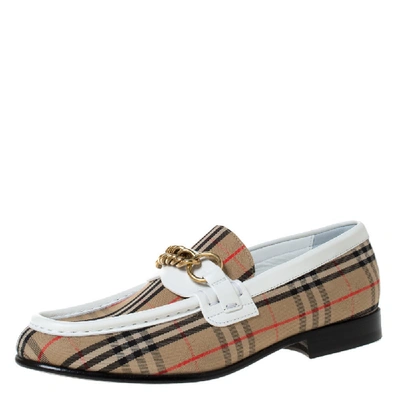 Pre-owned Burberry Beige/white Nova Check Canvas And Leather Moorley Chain Loafers Size 37