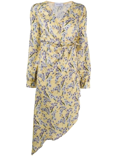 Art Dealer Meg Silk Floral Print Asymmetrical Wrap Dress In Yellow