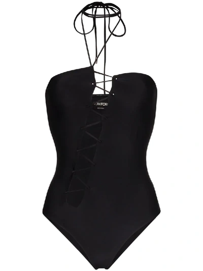 Tom Ford Lace-up Halterneck Bodysuit In Black