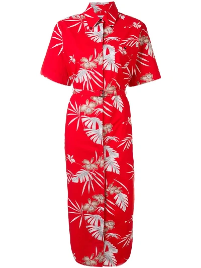 Rabanne Foliage-print Belted Shirt Dress In Red