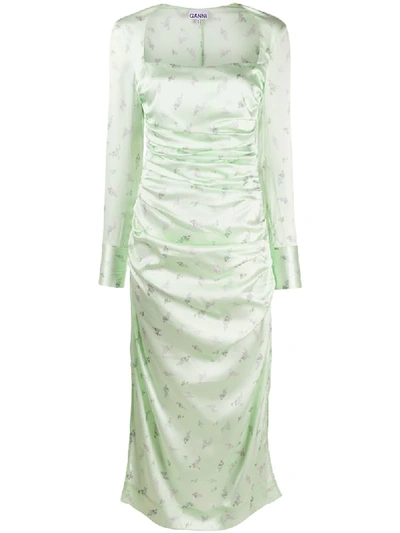 Ganni Gerafftes Kleid Mit Blumen-print In Green