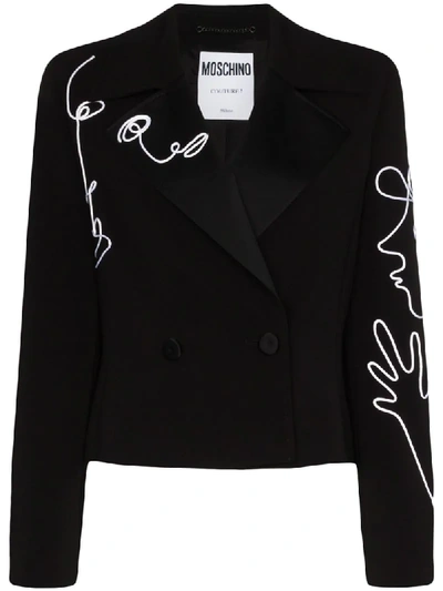 Moschino Double-breasted Embroidered Crepe Blazer In Black