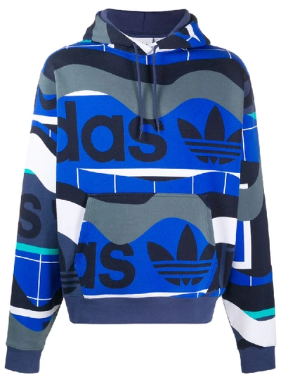 Adidas Originals Logo Wave Print Hoodie In Blue