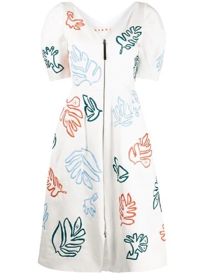 Marni Leaf Embroidered Zip Front Dress In White