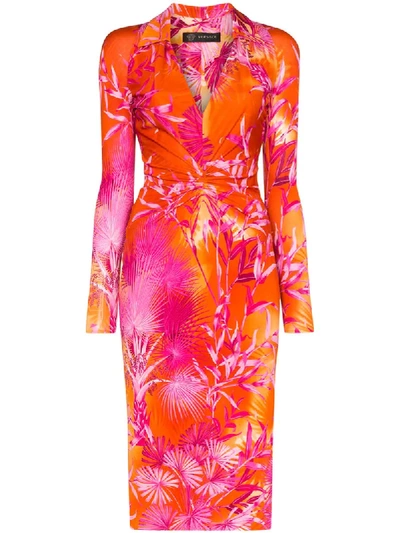 Versace Jungle Print Fitted Shirt Dress In Red ,purple