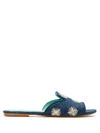 Blue Bird Shoes Mirror Embellished Denim Slides In Blue