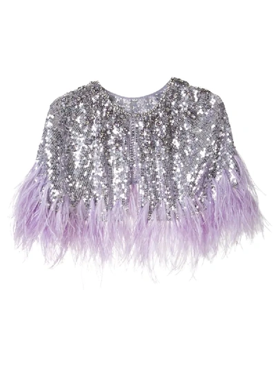 Jenny Packham Sequinned Capelet With Feather Trim In Purple