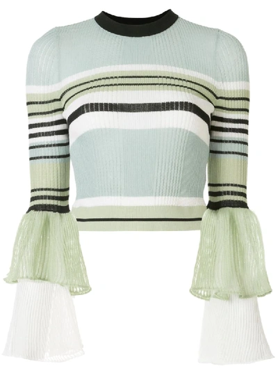 Self-portrait Ribbed Ruffle Sleeves Top In Green