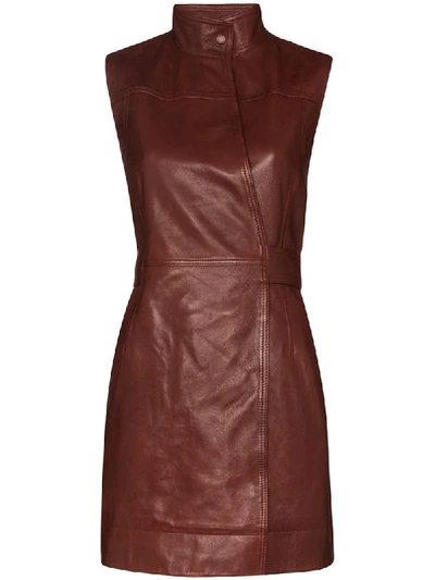 Ganni Sleeveless Lamb-leather Wrap Dress In Red
