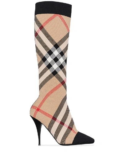 Burberry Dolman 105 Vintage Check Knit Boots In Brown