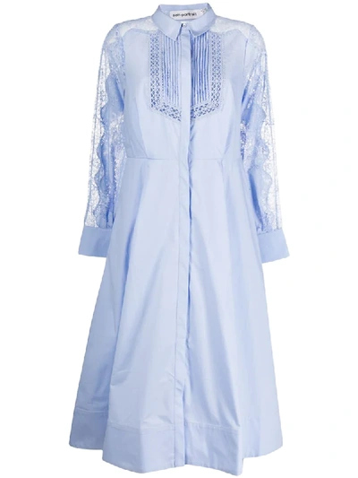 Self-portrait Lace-panel Cotton Midi Shirt Dress In Celeste