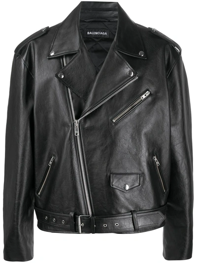 Balenciaga Men's Painted Leather Biker Jacket In Black