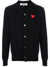 Comme Des Garçons Play Mens Cardigan Knit Black Wool Cardigan With Pixel Heart Patch. In Blue