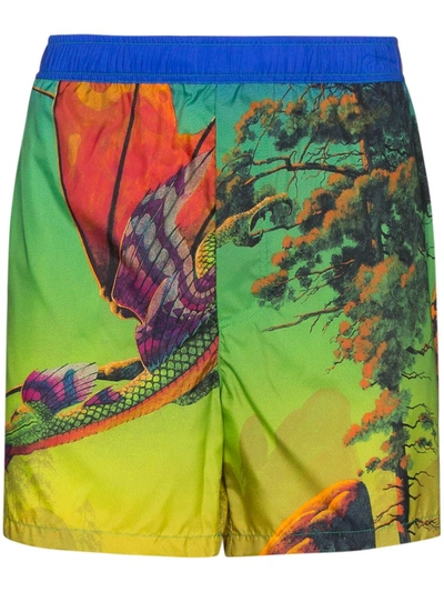 Valentino Dragon At Dawn Print Swim Shorts In Green/orange/blue