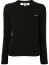 Comme Des Garçons Play Heart Embroidered Long Sleeve V Neck Top In Black