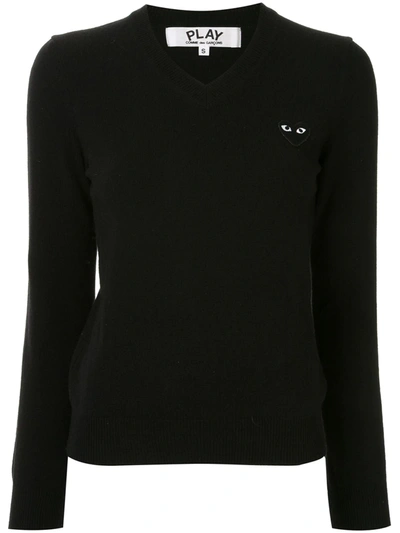 Comme Des Garçons Play Heart Embroidered Long Sleeve V Neck Top In Black
