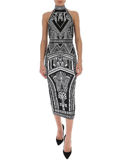 Balmain Women's Halterneck Jacquard Midi Dress In Black And White