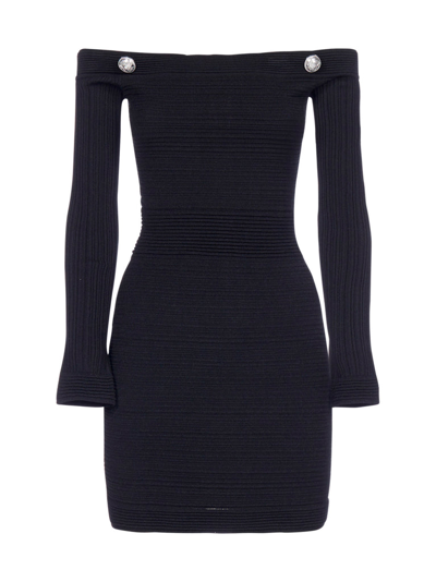 Balmain Off The Shoulder Knitted Dress In Black