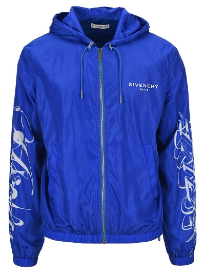 Givenchy Print Sleeve Hooded Windbreaker In Blue/white