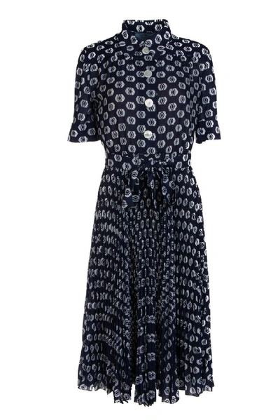 Prada Belted Pleated Printed Crepe Midi Dress In Blue