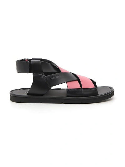 Prada Woven Crossover Sandals In Nero+petalo