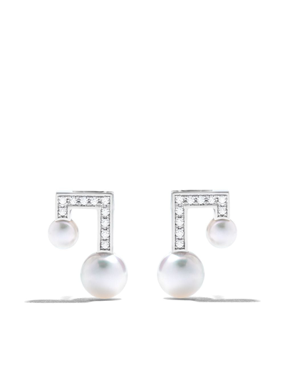 Tasaki 18kt White Gold Balance Note Pavé Diamond And Akoya Pearl Stud Earrings In Silver