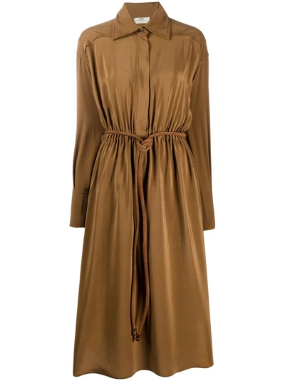 Fendi Long Sleeve Silk Crepe De Chine Shirtdress In Brown