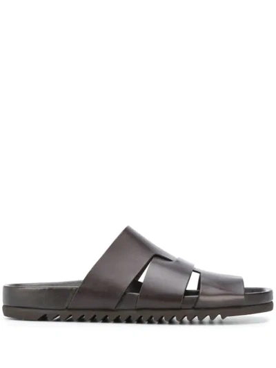 Rick Owens Leather Panelled Sliders In Brown