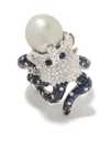 MONAN 18KT WHITE GOLD OCTOPUS DIAMOND, SAPPHIRE AND PEARL RING
