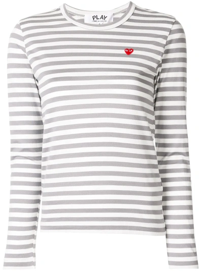 Comme Des Garçons Play Comme Des Garcons Play Ladies Grey Heart-embroidered Striped Cotton-jersey Top
