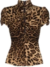 Dolce & Gabbana Knotted Cutout Leopard-print Stretch-silk Crepe De Chine Blouse In Black