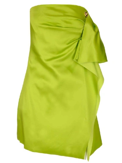 Versace Button-embellished Strapless Draped Satin Mini Dress In Green