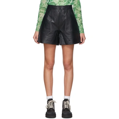 Ganni Topstitched Leather Shorts In Black