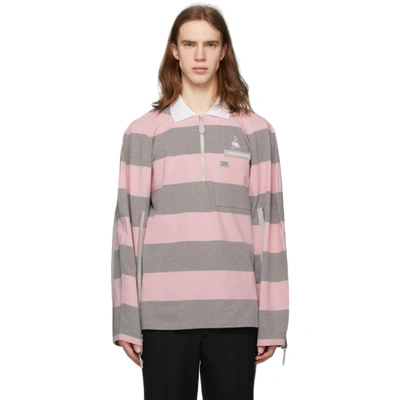 Burberry Long-sleeve Zip Detail Striped Cotton Polo Shirt In Pale Pink