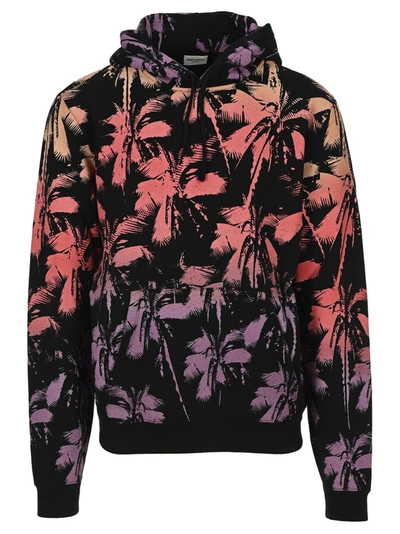 Saint Laurent Palm Tree-print Cotton-jersey Hooded Sweatshirt In Black