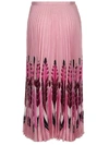 Valentino Feather Print Pleated Midi Skirt In Pink/burgundy