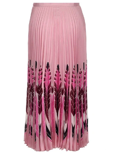 Valentino Feather Print Pleated Midi Skirt In Pink/burgundy
