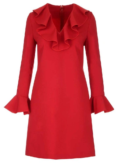 Valentino Ruffle Trim Long Sleeve Stretch Wool Minidress In Red