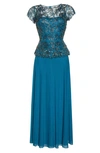 Pisarro Nights Beaded Mesh Mock Two-piece Gown In Blue