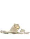 Ferragamo Taryn Buckled Metallic Rubber Slides In Gold