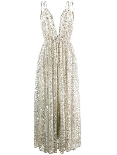 Amen Sequined V-neck Gown In Silver
