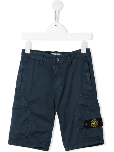 Stone Island Junior Kids' Compass-patch Cargo Shorts In Blue